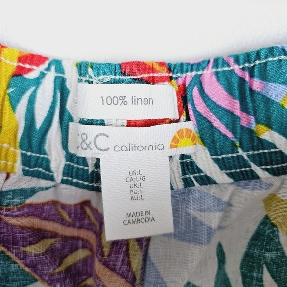 NWOT C&C California Tropical Floral 100% Linen Wide Leg Pants size Large - Picture 3 of 5